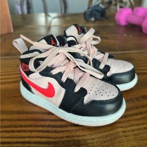 Nike Kids' Air Jordan 1s Black and Pink Sneakers with Red Swoosh